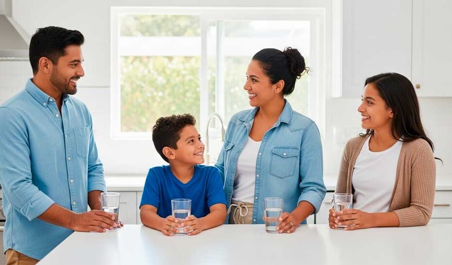 filtros de agua de Rena Ware familia tomando agua