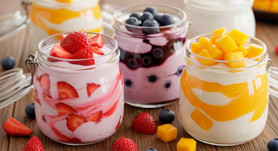 yogurt de sabores: frascos de yogurt casero con varias frutas