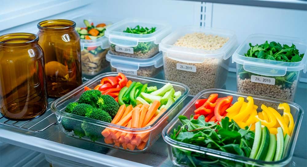 Batch cooking saludable: recipientes de vidrio ámbar/herméticos casi llenos (poca cabeza de aire), verduras en cortes grandes, etiquetas con fecha, bandeja enfriándose antes de cerrar.
