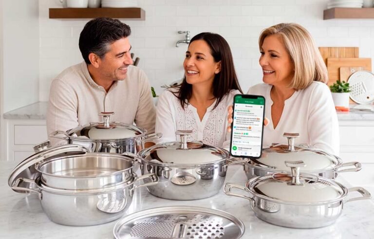 Vender sin stock en Perú: guía con el modelo Rena Ware Familia usando ollas Rena Ware de acero inoxidable sobre encimera