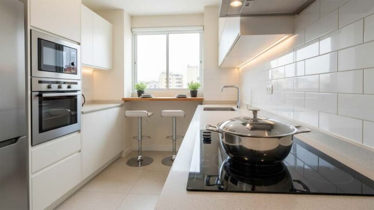 Cocina moderna de departamento pequeño, con cocina de inducción encendida, olla metálica sobre placa negra de vidrio.