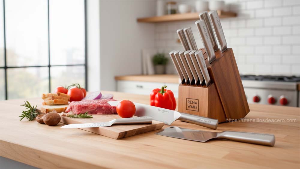 cuchillos de acero ce calidad sobre una mesa de cocina