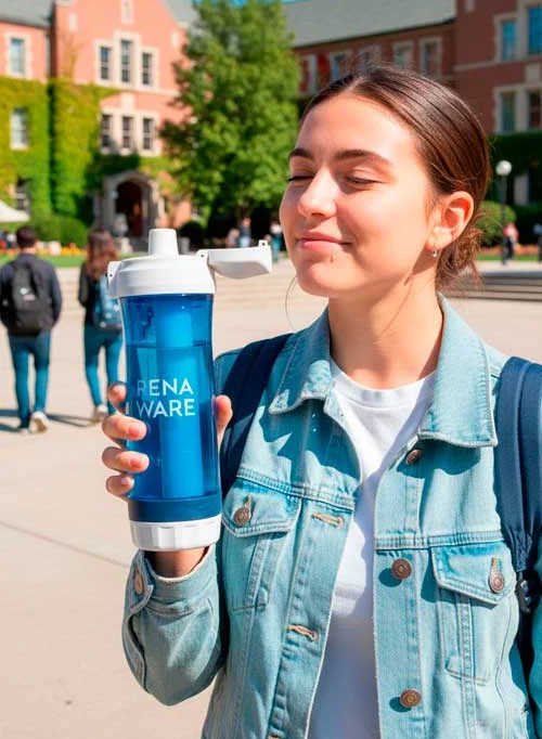 Botella filtrante Rena Ware: universitaria tomando agua desde la botella filtrante Rena Ware.