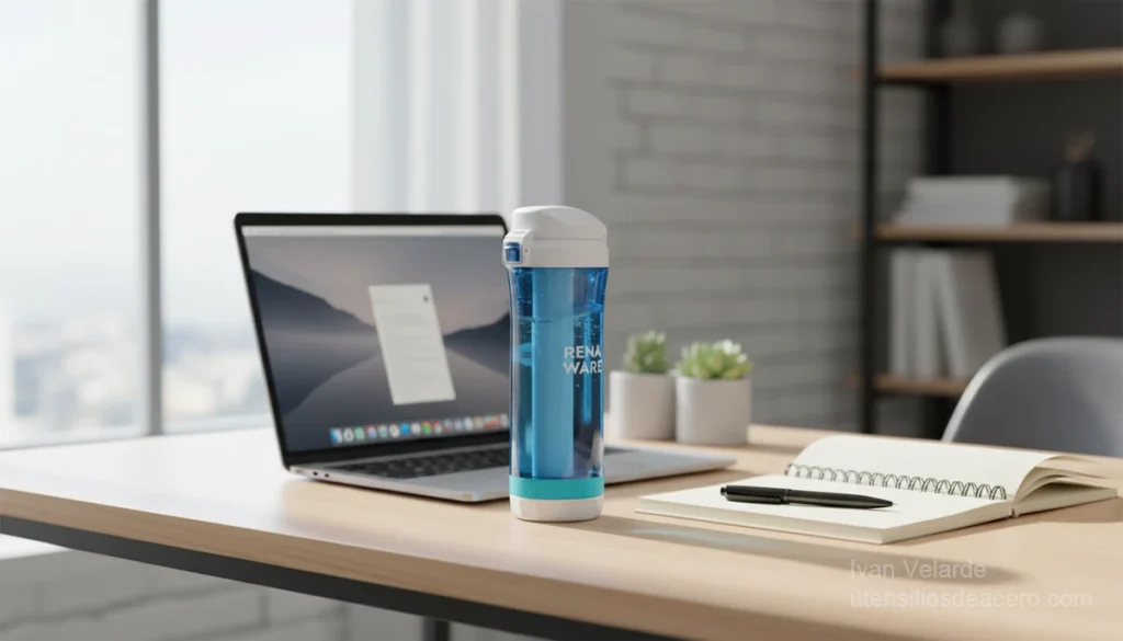 Cómo tomar más agua en el trabajo con una botella reutilizable al lado del teclado