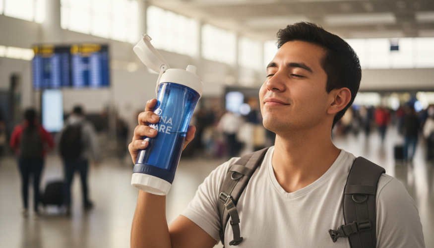Viajero con botella filtrante Rena Ware en el aeropuerto
