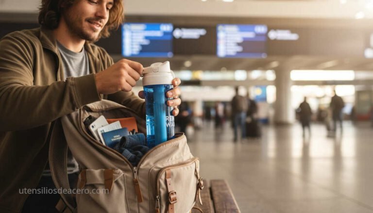 Cómo evitar depender de agua embotellada en viajes: viajero con botella filtrante rena ware