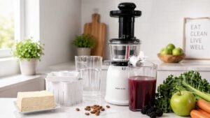 Extractor de jugo de baja velocidad moderno en encimera de cocina con jarra de jugo verde recién hecho rodeada de vegetales frescos