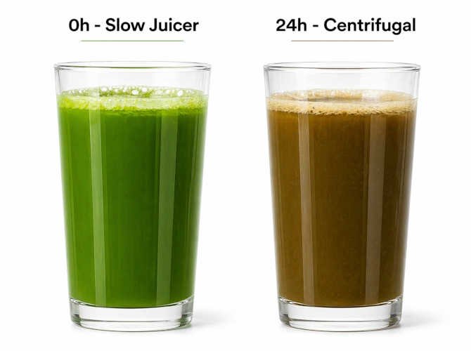 Comparación visual de jugo verde recién hecho en extractor centrífugo versus extractor de baja velocidad después de 24 horas en refrigeración