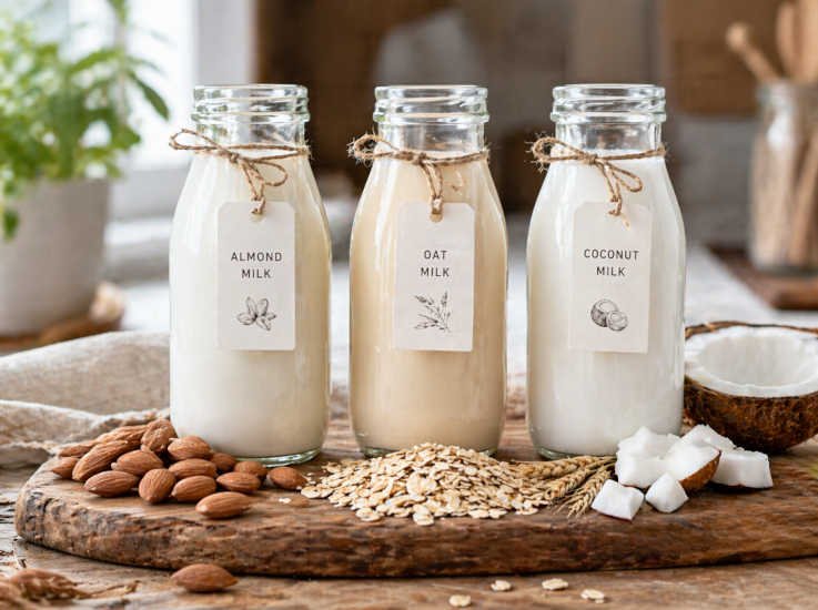 Extractores de Jugo de Baja Velocidad: Tres botellas de cristal mostrando leche de almendras, leche de avena y leche de coco hechas en extractor de baja velocidad, con textura cremosa visible