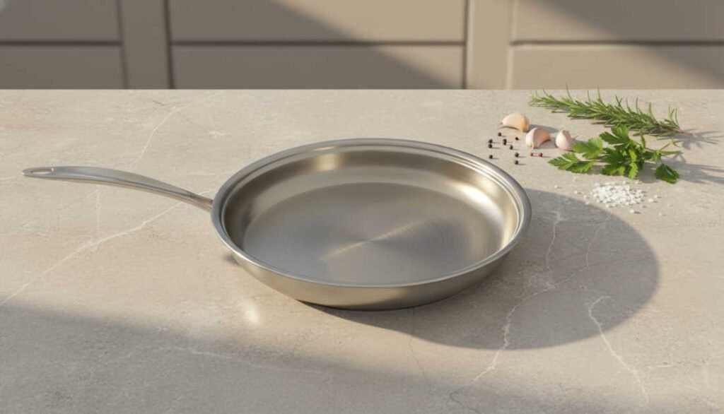 Sartén de acero inoxidable 18/10 sobre mesada de cocina moderna