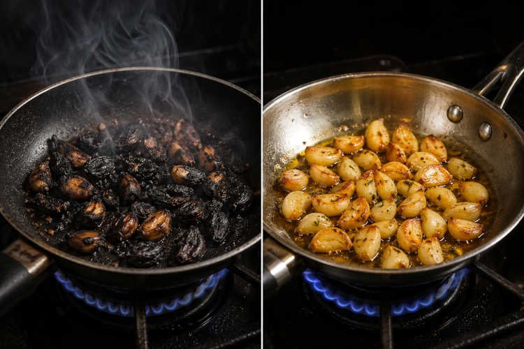 Comparación de ajo quemado en sartén delgada versus ajo dorado parejo en sartén de acero con fondo grueso