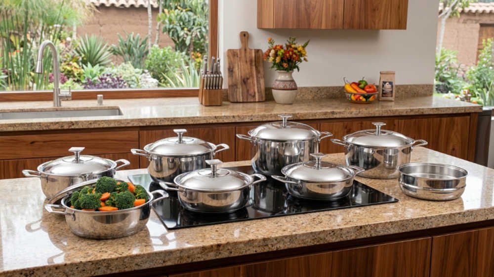 Qué ollas comprar después de remodelar la cocina: ollas de acero inoxidable sobre cocina empotrable moderna recién remodelada