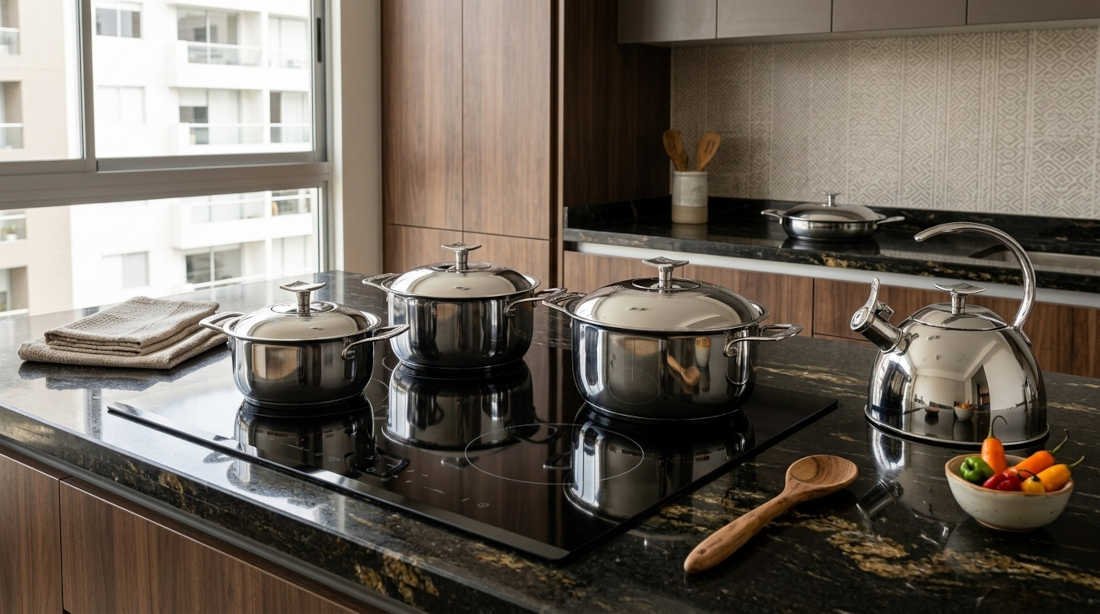 juego de ollas de acero inoxidable sobre cocina moderna empotrable Lima Peru