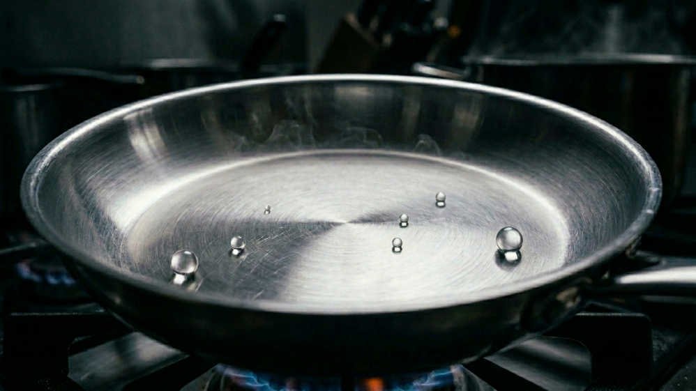 Prueba de la gota de agua en sartén de acero inoxidable caliente para verificar temperatura correcta