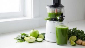 extractor de jugos prensado en frío con vegetales frescos