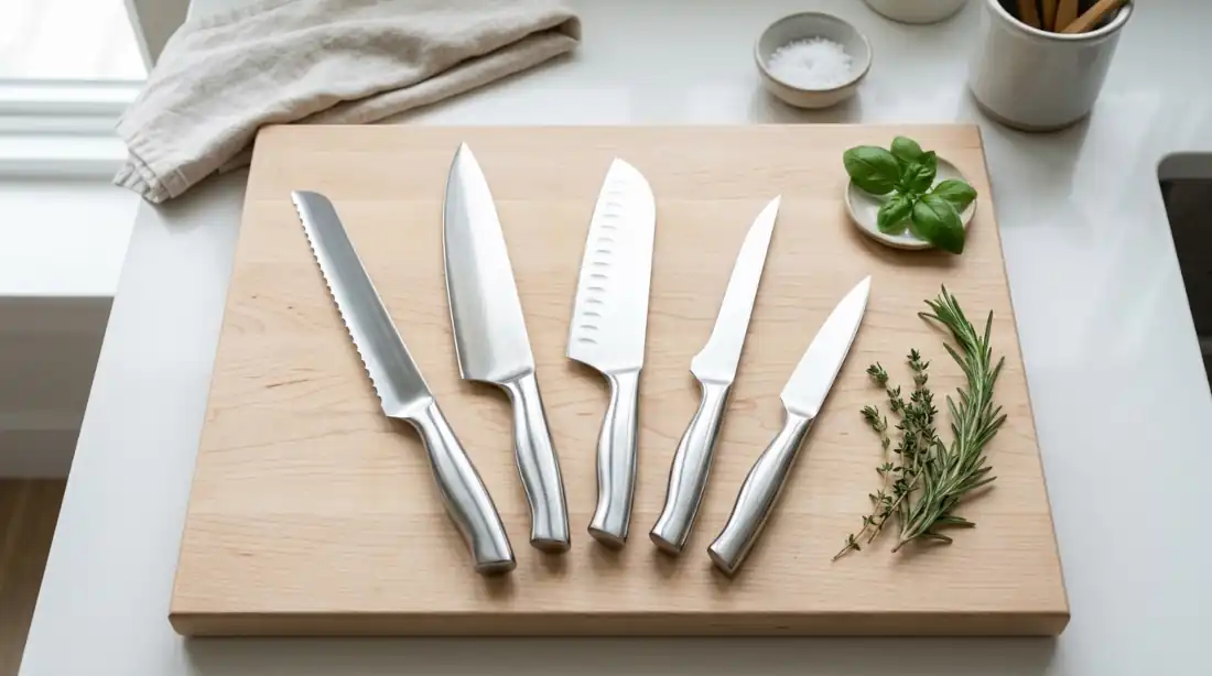 Set de cuchillos de acero inoxidable sobre tabla de madera