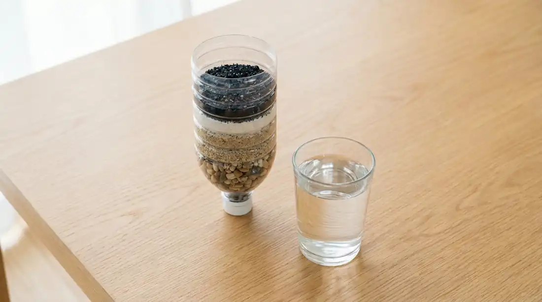 filtro de agua casero con botella, arena, grava y carbón activado