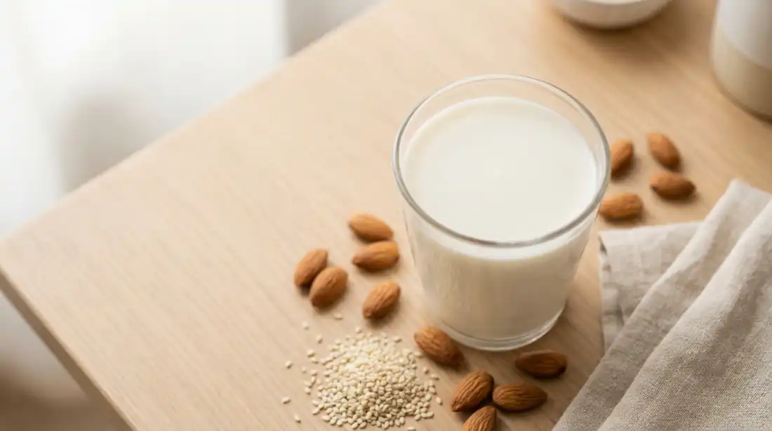 vaso de leche de almendras casera sin azúcar con almendras