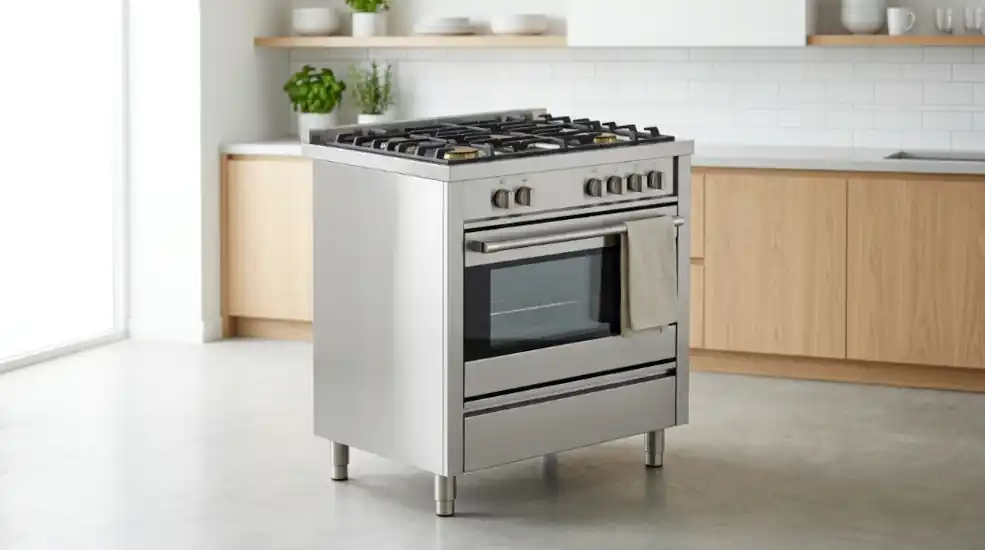 Cocina de pie a gas independiente, de piso, con hornillas y horno