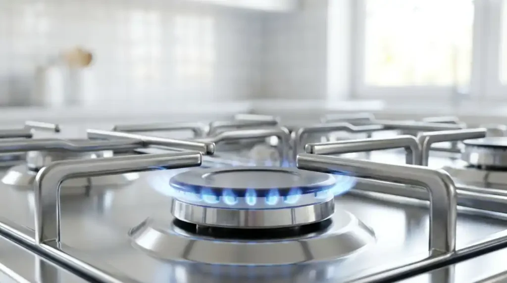 Llama azul uniforme en quemador de cocina a gas bien mantenido
