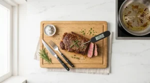 termómetro de cocina con sonda midiendo la temperatura interna de una carne